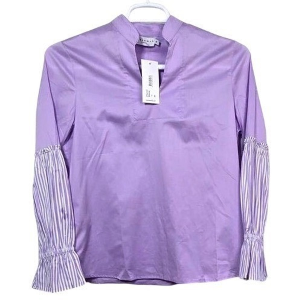 Harshman Chantal Blouse Lilac Lavender Striped Bell Sleeve Ruffle Top Size M NEW